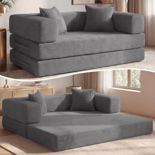 Vipbear Sofá de Suelo Convertible 5‑en‑1 160×90×70 cm, sofá‑Cama en Terciopelo canalé, Espuma de Alta Densidad, Apto para Mascotas y ergonómico, sin Montaje, Gris
