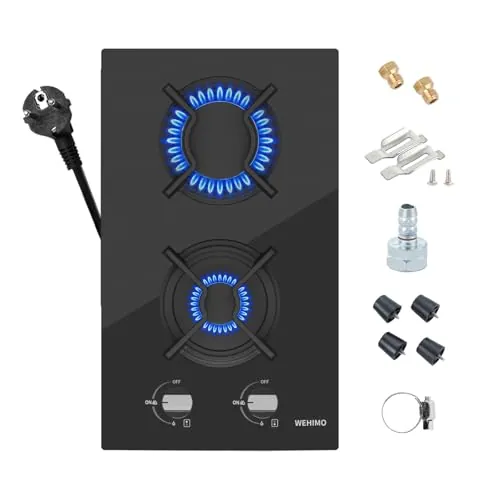 WEHIMO - Placa de cocina de gas de 2 fuegos, 2 fuegos empotrable, rejilla hierro fundido, 3700 W, gas ciudad y botella, cristal negro