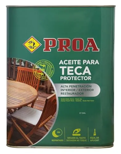 Aceite para Teca. PROA. Protección y nutrición para la madera. Renueva tus muebles de jardín. Transparente. 4 L, El embalaje puede variar