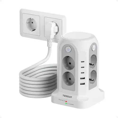 TESSAN Regleta de 8 enchufes con USB C, cable alargador de 5 m, color gris | Torre de enchufe con 5 USB y 4 interruptores individuales, regleta con protección contra sobretensiones