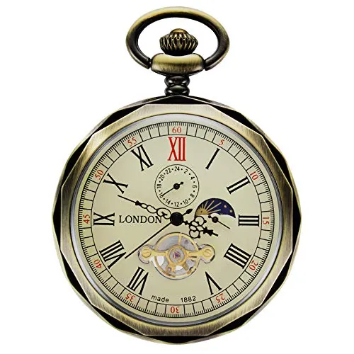 Treeweto - reloj de bolsillo para hombre, con números romanos de bronce, maquinaria al descubierto con cadena, formato 24 horas sol y luna + caja de regalo