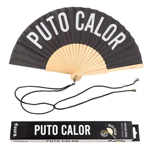 Fisura – Abanico original con mensaje “p*to calor”. Abanico de madera moderno y gracioso. Abanico negro y blanco. Abanico con cuelga abanico. 42,5 x 23 cm.