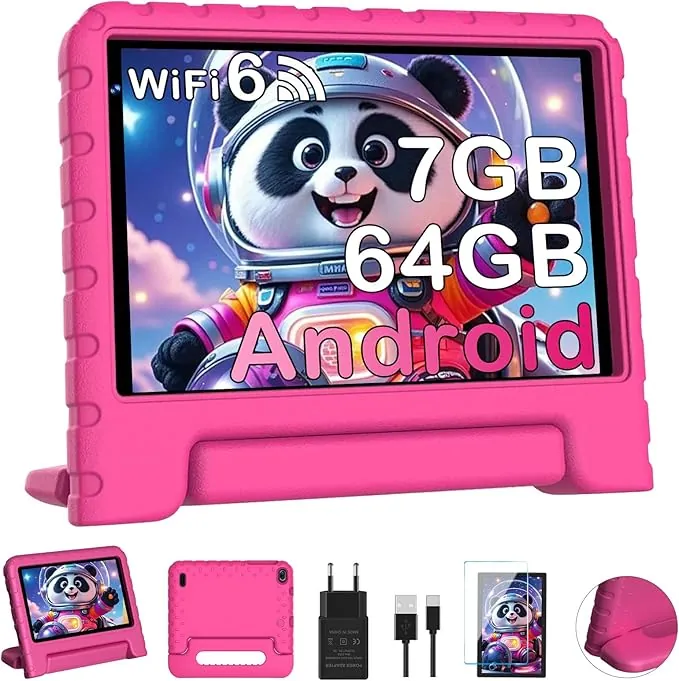 Tablet Android, 7 Pulgadas Tablets, 7GB RAM + 64 GB ROM, WiFi, GPS, BT 5.0, Táctil HD, TUV Certificación, Juegos Educativos, Control Parental, con Funda EVA, Rosa
