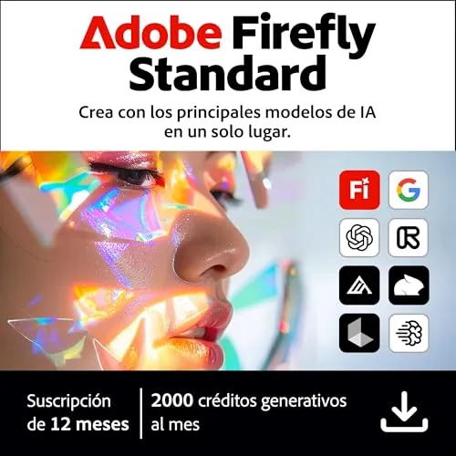 Adobe Firefly Standard incl. Generación de Vídeo con IA, Suscripción 12 Meses, 2000 Créditos IA, PC/Mac/Móvil | Código de activación enviado por email