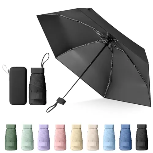 Sykrawki Mini Paraguas Plegable Portátil, Protección UV y Antiviento con Cubierta de Cápsula, Paraguas de Viaje Compacto para Hombres y Mujeres (negro)