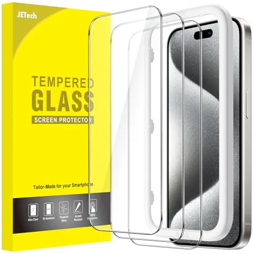 JETech Protector Pantalla para iPhone 15 Pro, 3 Unidades | 9H Cristal Vidrio Templado, HD Claro, Protección Anti-Arañazos, Marco de Instalación Fácil
