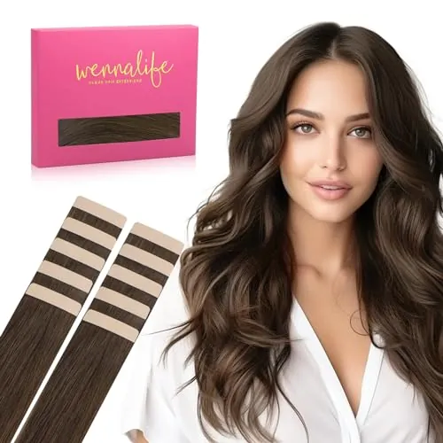WENNALIFE Extensiones Adhesivas Pelo Natural, Castaño Chocolate 25cm 20g 10 Piezas Extensiones de Remy Pelo Natural Cabello Humano Mechas Pelo Lacio Invisible para Niñas Mujeres Trenzas