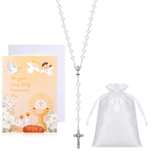 Sinmoe Set de 3 Rosario Corazón Primera Comunión con Tarjetas de Primera Comunión y Bolsa con Cordón Collar Rosario Metálico Collar de Cruz de Perlas Católicas para Niñas Niños Regalo Bautizo (Blanco)