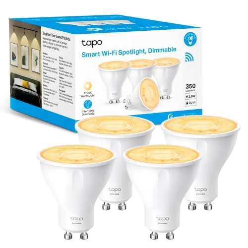 Tapo L610(4-Pack)-Bombilla LED Inteligente, Ahorro de energía, 350lm, GU10 | Regulable. 16M de Colores. Horarios y Temporizador. No Requiere Hub. Modo Ausente. Control por Voz (Alexa/Google) y App Tapo.