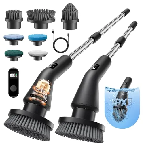 Leebein Cepillo Eléctrico Limpieza Hogar, Fregadora Giratoria Eléctrica, IPX7 Impermeable con 7 Cabezas, Mango Extensible y 2 Velocidades para Baño, Suelo, Cocina y Coche