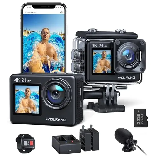 WOLFANG Cámara Deportiva GA200 4K 24MP Doble Pantalla WiFi Cámara de Video, Cámara Acuática Sumergible de 40M, 170° Gran Angular, Control Remoto EIS Mejorado, 2 Baterías, Cargador, Multi Accesorios