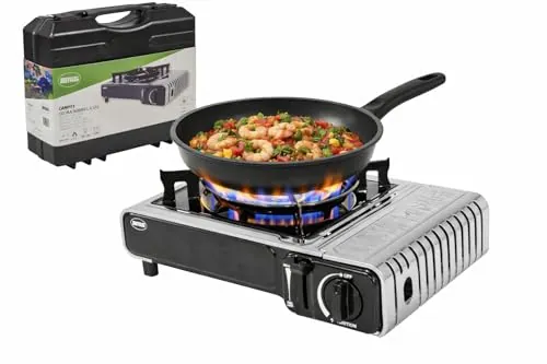 Amig - Hornillo Camping Gas - Cocina Portátil Camp01-2,2 kW Potencia - Parabrisas y Soporte Sartén - Certificación CE - Compatible Botellas CP 250 (No incluída) - Excursiones - Acero Inoxidable