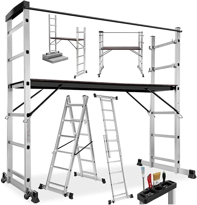 tectake® Escalera Plegable Aluminio, Escalera Telescópica Multiusos 4 en 1: Escalera Extensible, Escalera de Tijera, Andamio Simple, Andamio para Desniveles, con Ruedas, Estable, Carga MAX. 150 kg