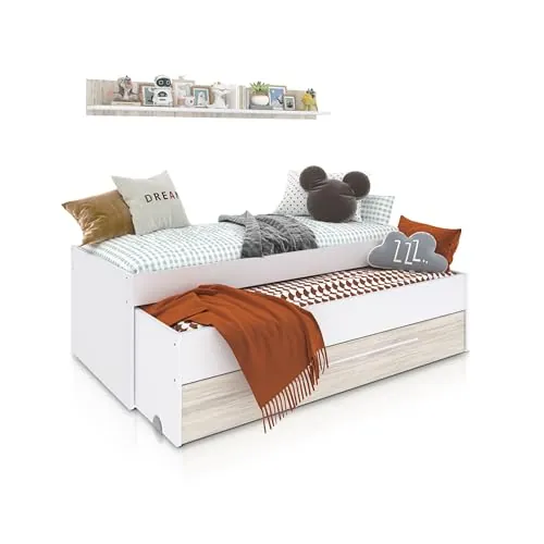 duehome | Cama Nido Juvenil, 2 Camas + Cajon + Estante, Cama Infantil, Modelo Nuit, Acabado en Blanco Artik y Blanco Velho, Medidas: 199 cm (Largo) x 96 cm (Ancho) x 65 cm (Alto)