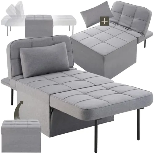 tectake® 4 en 1 Taburete, Sillon, Tumbona o Sofa, Respaldo Ajustable en 6 Posiciones, Estructura de Acero, Acolchado Grueso, cojín Adicional para la Cabeza, Sofa Cama Plegable, Sillon Relax - Gris