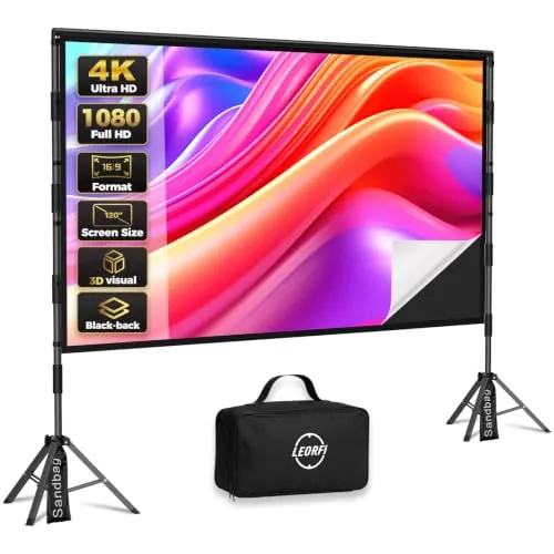 LEORFI Pantalla Proyector 120 Pulgadas con Trípode Portátil, Fondo Negro
