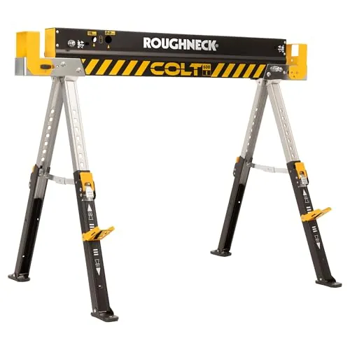 Caballete ROUGHNECK COLT 600E: construcción robusta de acero, capacidad de carga de 589 kg y patas de altura ajustable para carpintería y construcción