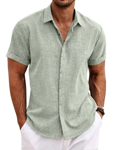 COOFANDY Camisa de Lino para Hombre Manga Corta Camisas Informales Camisa de Lino para Verano y Playa Verde Claro M