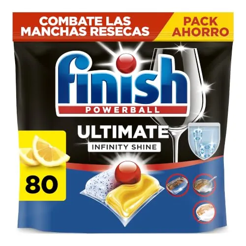 Finish Powerball Ultimate Infinity Shine, pastillas para el lavavajillas con poder quitagrasas y protección del cristal, aroma limón, 80 Pastillas
