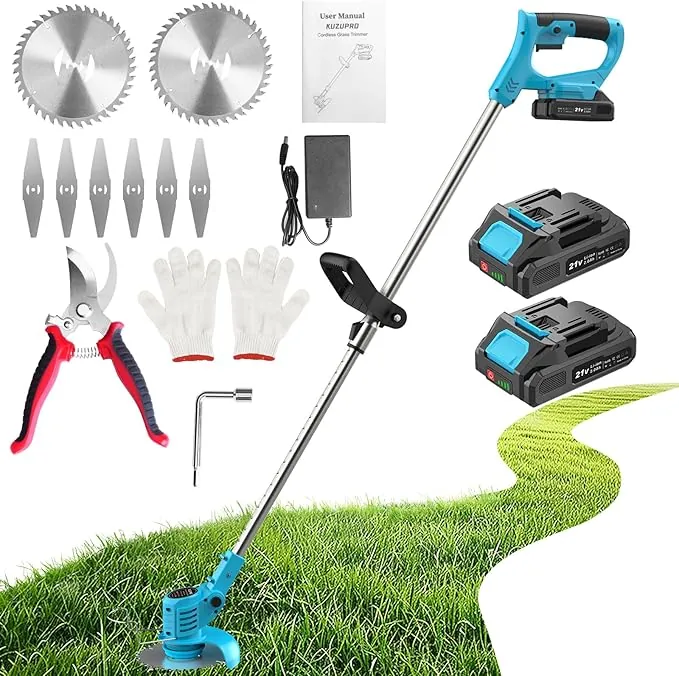 Desbrozadora Bateria 21V, KUZUPRO Desbrozadora Electrica con 2 Baterías 2.0Ah, 2 Tipos Cuchillas Cortabordes Bateria, Tijeras de Podar, Desbrozadora Inalámbrica Cabeza Ajustable para Jardín Poda