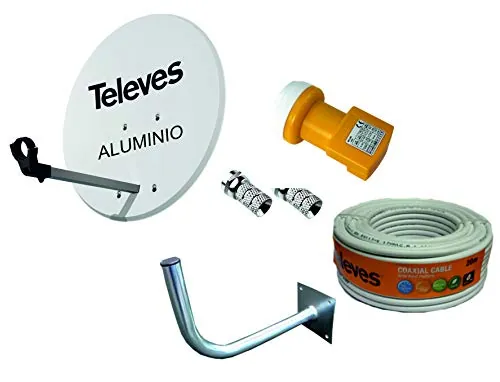 Kit Antena PARABOLICA para Astra TELEVES 83cm Aluminio + Rollo DE Cable 20 MT + Soporte A Pared + CONECTOES Y LNB