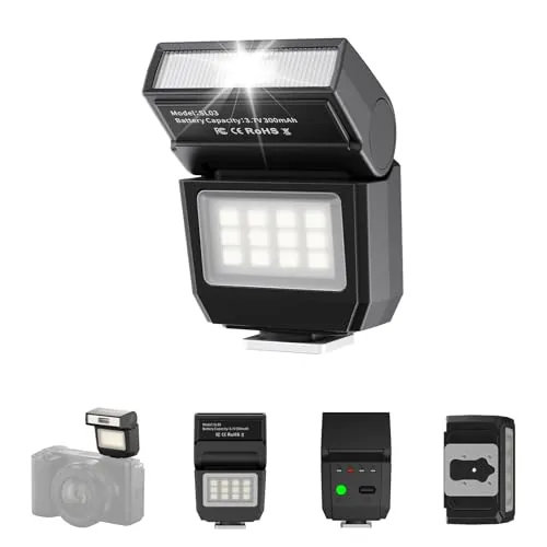 ULANZI SL03 Mini Flash para Cámara con Luz de Vídeo, Flash Externo GN8 6500K, Ángulo Ajustable de 90°, Compatible con Cámara réflex Digital Sony/Canon/Fuji/Nikon, Montura Universal de Zapata Caliente