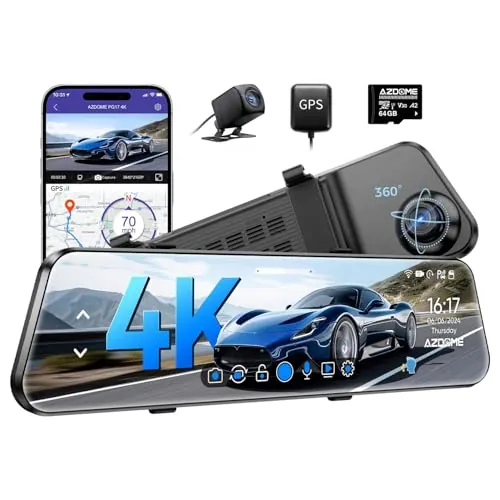 AZDOME PG17 4K 12" Mirror Dash CAM, Cámara de Espejo Retrovisor WiFi con Cámara Trasera Impermeable 1080P, Tarjeta de 64 GB Incluida, GPS, WDR, Visión Nocturna, Control de Voz (PG17)