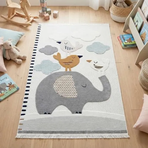 RUGURA Alfombra Infantil Habitación Niña Niño Dormitorio Animales Elefante Nubes Estrellas Arcoiris 120x170cm Gris Marrón Ocre Azul