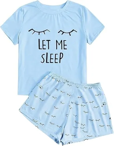 Haloumoning Conjunto de pijamas para niña de verano lindo pantalones cortos cómodos de manga corta con dibujos animados impresos conjunto de camiseta y pantalones cortos, azul, 10-12 años