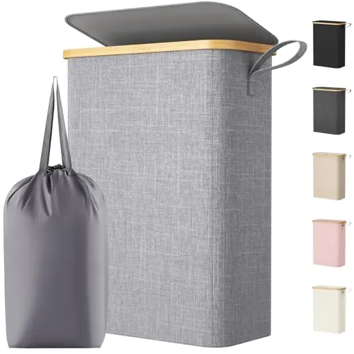 Lifewit Cesto Ropa Sucia Estrecho con Tapa, Cesto de Ropa Plegable con Bolsa Extraíble y Asa, Cesta Ropa Sucia de Bambú, Cubo de Ropa para Dormitorio, Baño, Lavandería, Dormitorio, 50 L, Gris Claro