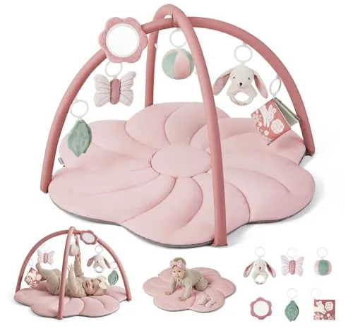 Blissful Diary Gimnasio Bebe Con Arco Desmontable, Manta Actividades Bebe De Forma De Hoja Con 6 Juguetes - Desarrollo Sensorial Y Motor Progresivo, Regalo Para Bebés, Floral Rosa
