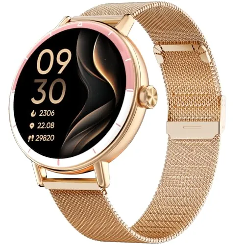 TOOBUR Reloj Inteligente Mujer Redondo con Dos Correas, 40 mm Smartwatch Deportivo Que Cuenta Pasos y Calorías, Compatible con Android e iOS, Responder y Realizar Llamadas, IP68 Impermeable, Oro Rosa