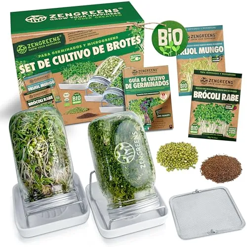 zengreens® Kit de Cultivo de brotes Bio - Set de 1, 2 o 3 tarros de germinación - Incluye Tarro germinador, Bandeja de Cultivo y Semillas para brotes - Incl. guía y videocurso Online