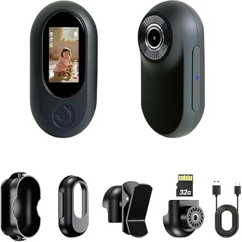 Frelisty Mini Cámara Corporal, Body CAM con Clip Magnético, 32 GB Camara Moto, 1" Pantalla Camara Accion, Cámara para Moto y Mascotas(Negro)