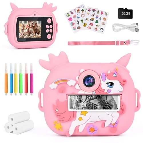Camara Fotos Infantil Instantanea, Ambesty Camara Fotos Infantil, 2.4" HD Cámara Instantánea con Tarjeta 32GB y Papel de Impresión, 1080P HD Video Cámara, Regalos para Niños y Niñas de 3-12 (Rosa)