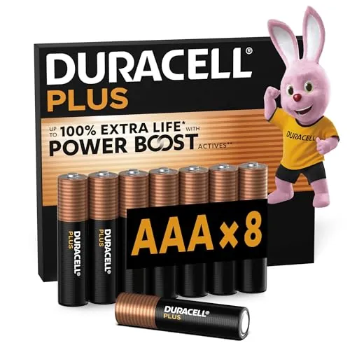 DURACELL Plus AAA Pilas Alcalinas (Paquete de 8) 1.5V, LR03 | Hasta un 100% de extra duración con POWER BOOST ACTIVES – Mandos para videojuegos y cámaras digitales