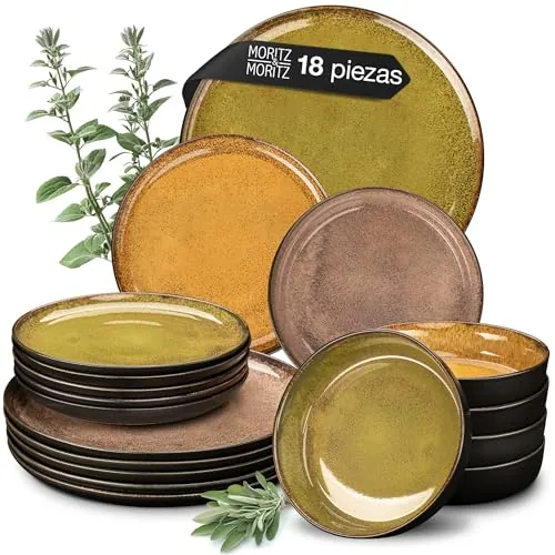 Moritz & Moritz VIDA vajillas completas de 18 piezas - platos vajilla en tonos vintage de amarillo, verde y rojo - 6 platos llanos, 6 platos hondos, 6 platos de desayuno
