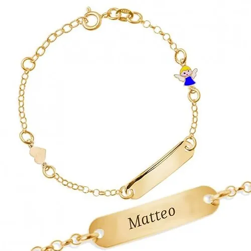 Sakrami Pulsera Bebé Plata de Ley 925 Placa con Nombre Personalizada y Ángel Esmaltado Azul Colección Niños + Caja de Regalo Personalizada - Pulsera de Nacimiento, Comunión o Bautizo
