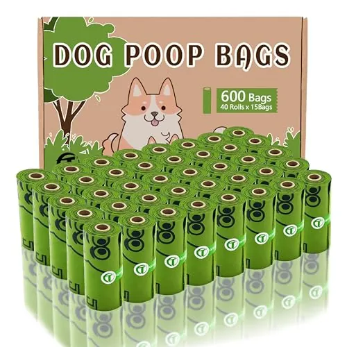 AiTodos® 600 Bolsas para Caca, PET Almidón de Maíz Mixto, Polietileno + Material de Almidón de Maíz Bolsas para Caca Semibiodegradables - 31 x 23 cm - Verde (40 Rollos, 15 Paquetes Cada Uno)
