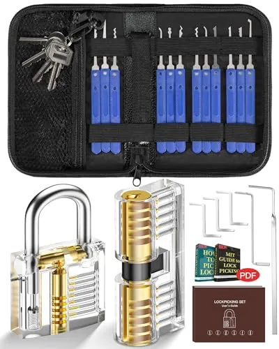 IPSXP Juego de Ganzúas 25 Piezas con 2 Cerraduras Transparente de Capacitación en Bolsa de Cuero Portátil, Lock Pick Set de Extracción para Principiantes y Cerrajeros Profesionales