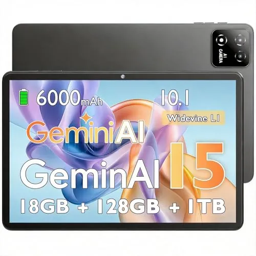 UBDXBD Tablet 10 Pulgadas Android 15 con Funda, 18GB RAM (6+12) 128GB, Octa-Core T30, 1TB Ampliable, WiFi 6, batería 6000mAh, Pantalla IPS HD, Widevine L1, GPS, Gris