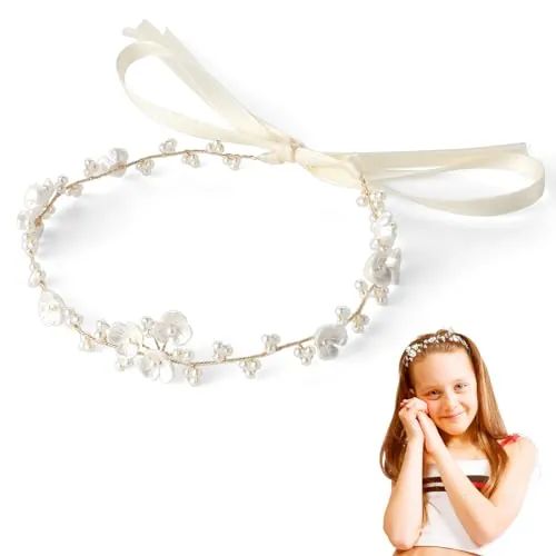 Accesorios para el cabello para comunión y niña, corona de flores, diadema de princesa con perlas, diadema de flores, corona de pelo con cinta, adecuado para novia, mujer, accesorio de