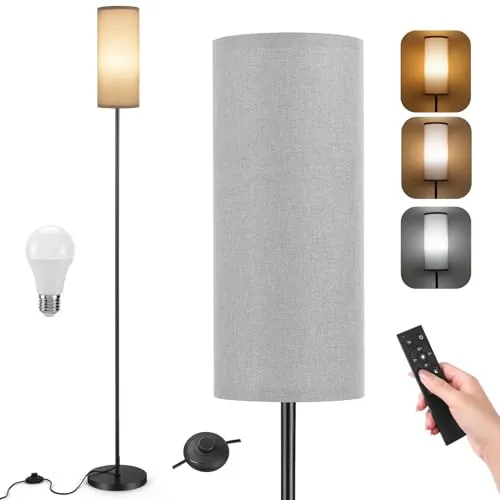 Lampara de Pie Salon, 12W Moderna Lámpara de Pie con Pantalla de Lino, 3 Temperaturas de Color, Atenuación Continua, Control Remoto e Interruptor de Pie Para Dormitorio y Oficina