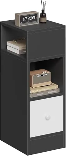 EUGAD Mesita de Noche Estrecha Gris Oscuro con 2 Compartimentos y 1 Cajón, 25x30x66 cm, Mesilla Auxiliar para Dormitorio Pequeño y Salón Espacios Reducidos, Moderno Madera, 0010CTG
