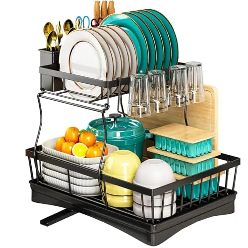 StowBin Escurreplatos de 2 Niveles, escurridor de Platos con Soporte para Utensilios para encimera de Cocina, Estante de Secado de Platos de Gran Capacidad Que Ahorra Espacio con Tabla de Drenaje