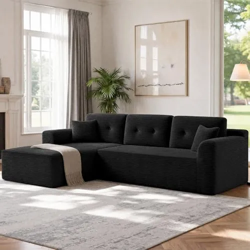 VASAGLE Sofá con Chaise Longue, Esquinero de Pana, Diseño Modular de 3 Plazas, 242 x 152 x 73 cm, Negro, para Salón, Colección Camila LCS183B101
