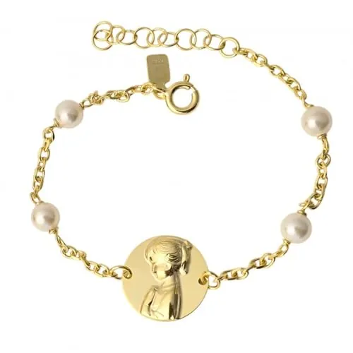 Minoplata Pulsera infantil Virgen Niña de Plata chapada en Oro con Perlas