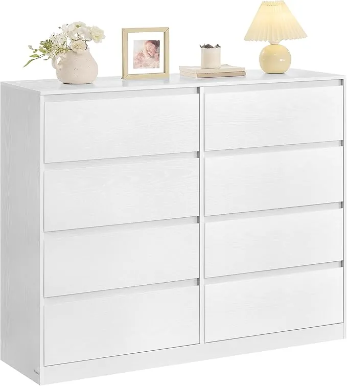 VASAGLE Colección Kailyn - Cómoda de 8 Cajones para Dormitorio, Armario de Almacenamiento, Mueble para Ropa, 40 x 119,4 x 97,5 cm, Estilo Moderno, Blanco Nieve LTS618WE01