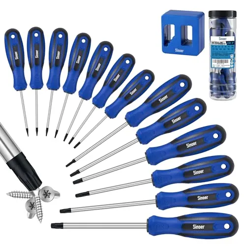 Sinoer juego de destornilladores magnéticos Torx, fabricados en acero cromo vanadio, set de 14 piezas.T4 - T40，destornillador torx