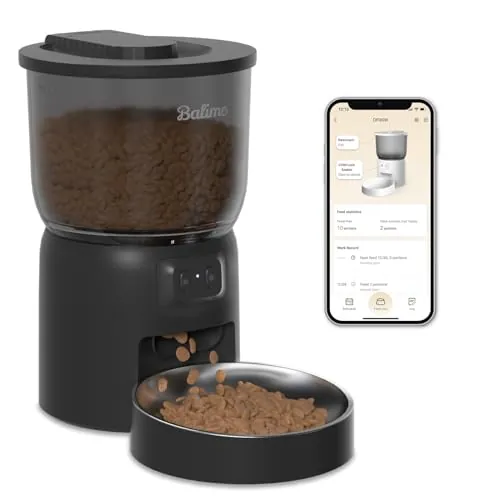 Balimo Comedero Gato Automatico 2.4G WiFi, 3L Dispensador Comida Gatos y Perros con Control de la Aplicación, 10 Comidas por Día, Cuenco de Acero Inoxidable, Negro
